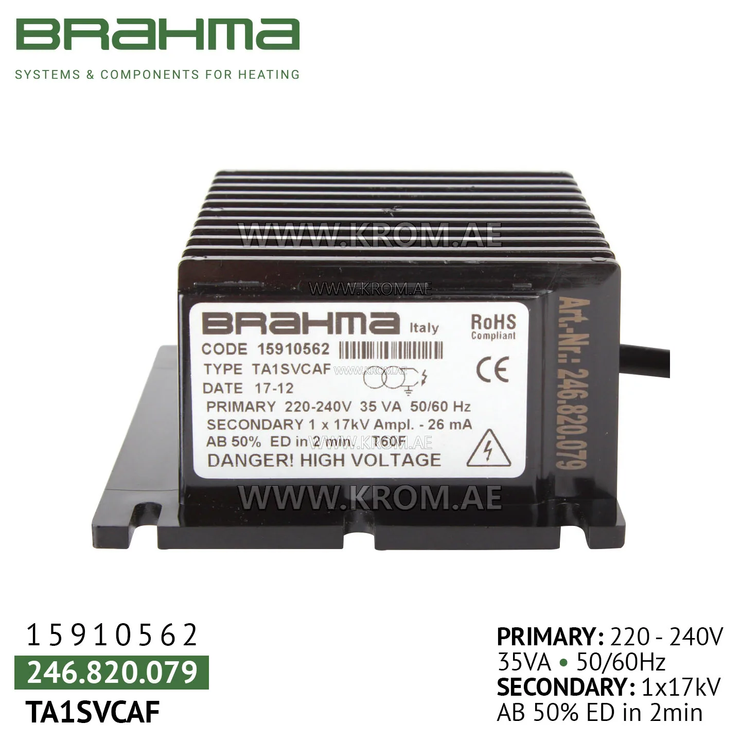 Brahma 15910562 TA1SVCAF ignition transformer