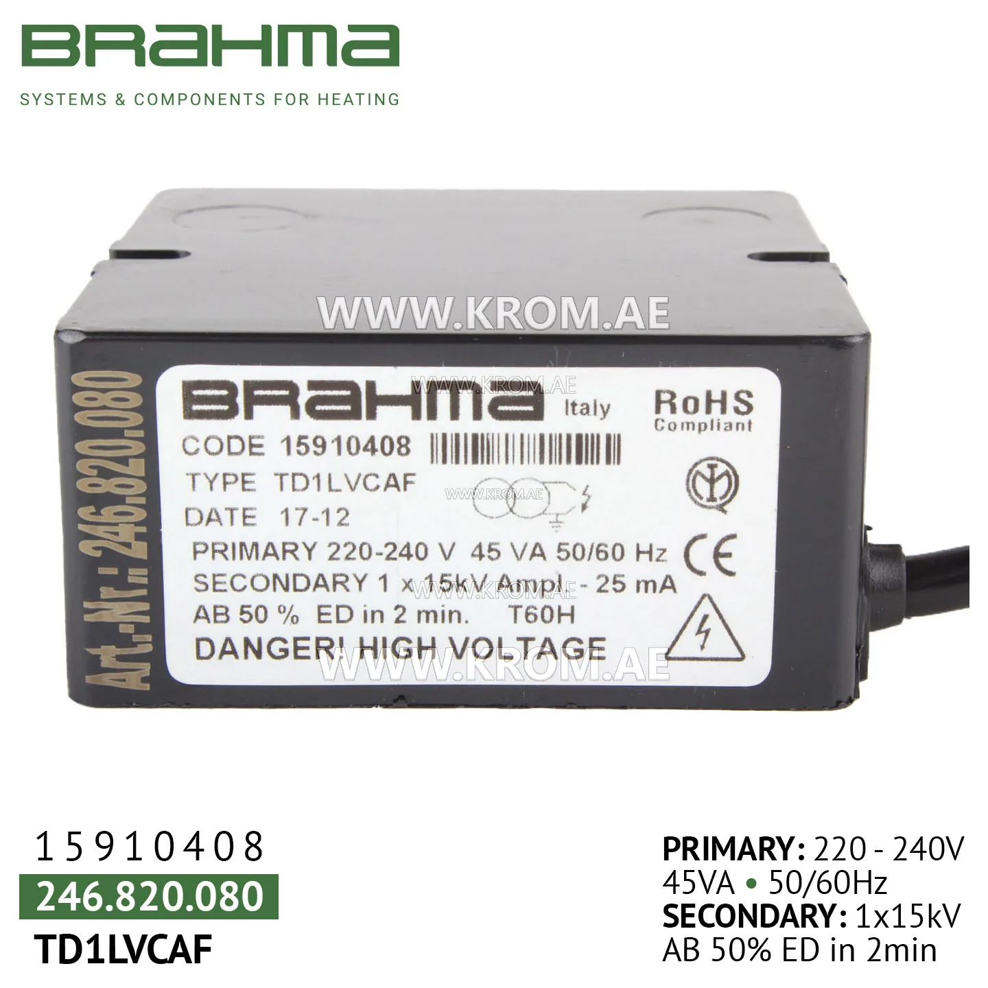 Brahma 15910408 TD1LVCAF ignition transformer