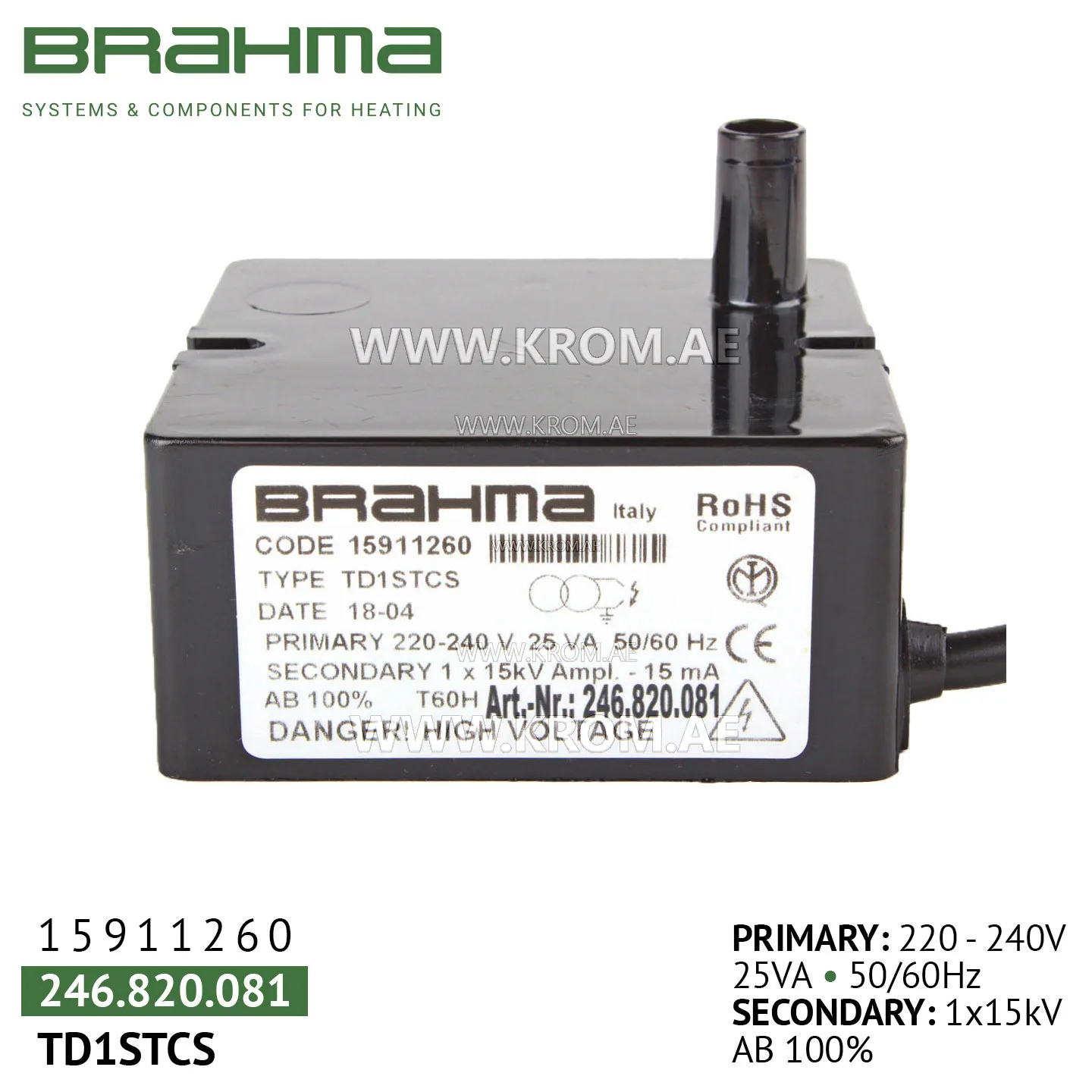 Brahma 15911260 TD1STCS ignition transformer