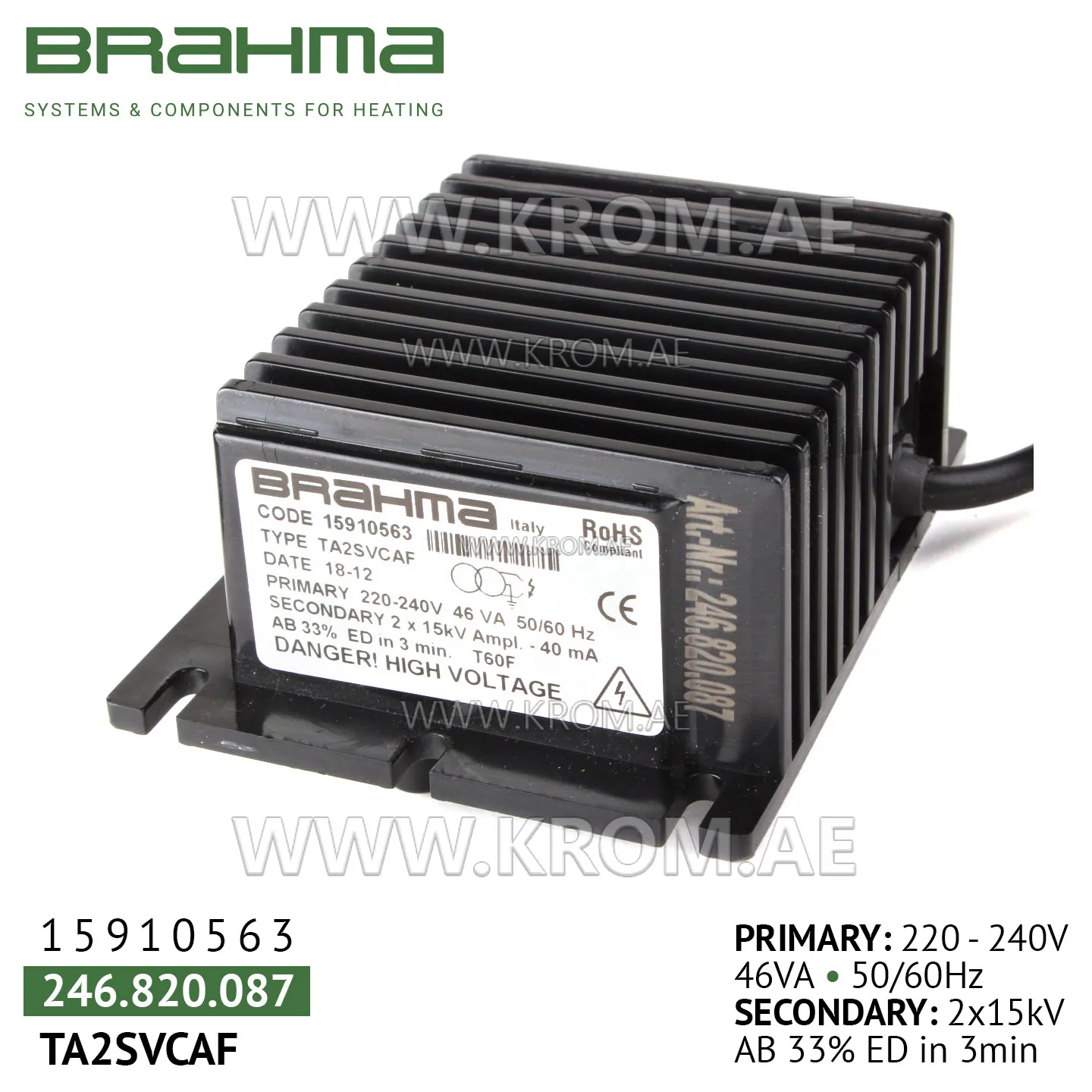 Brahma 15910563 TA2SVCAF ignition transformer
