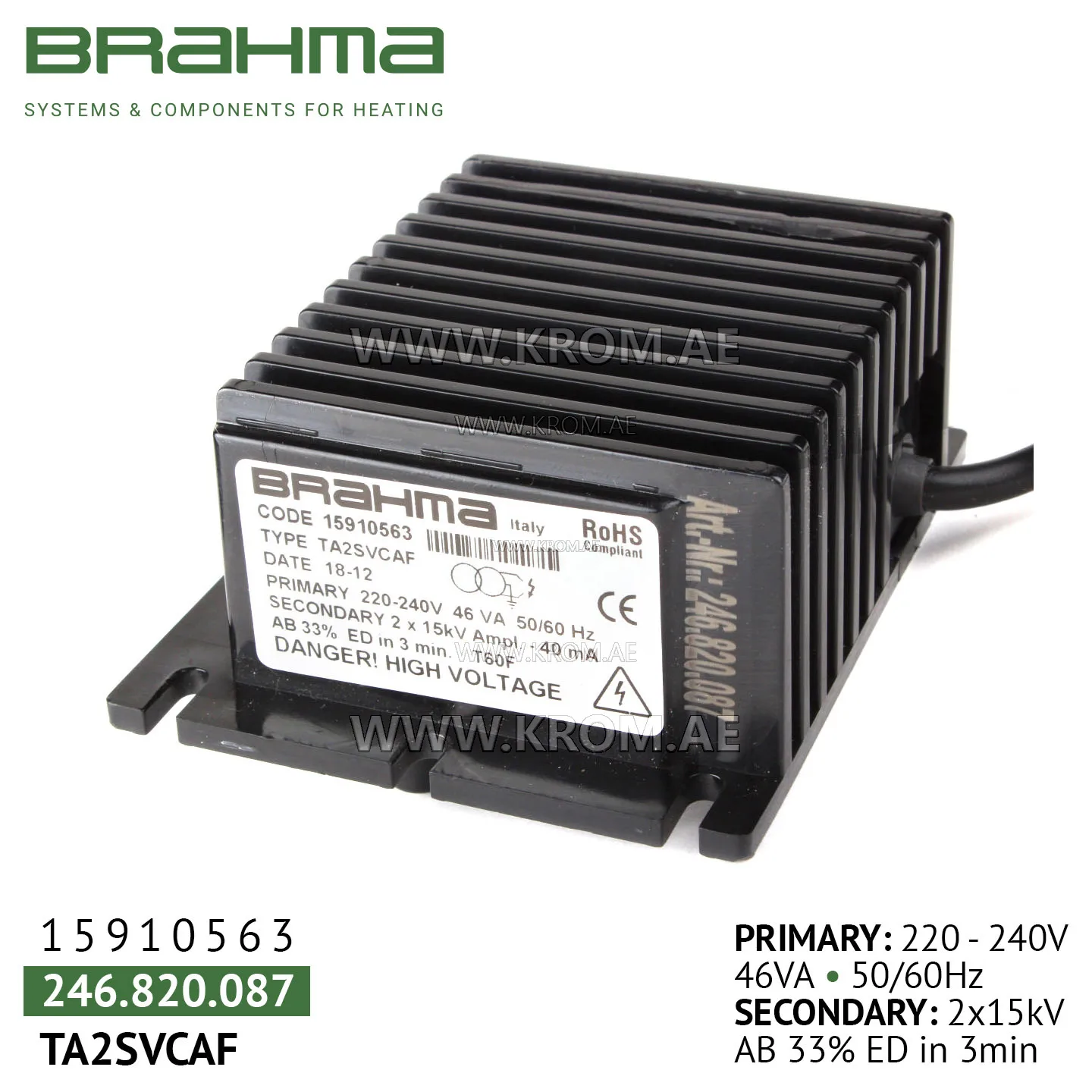 Brahma 15910563 TA2SVCAF ignition transformer