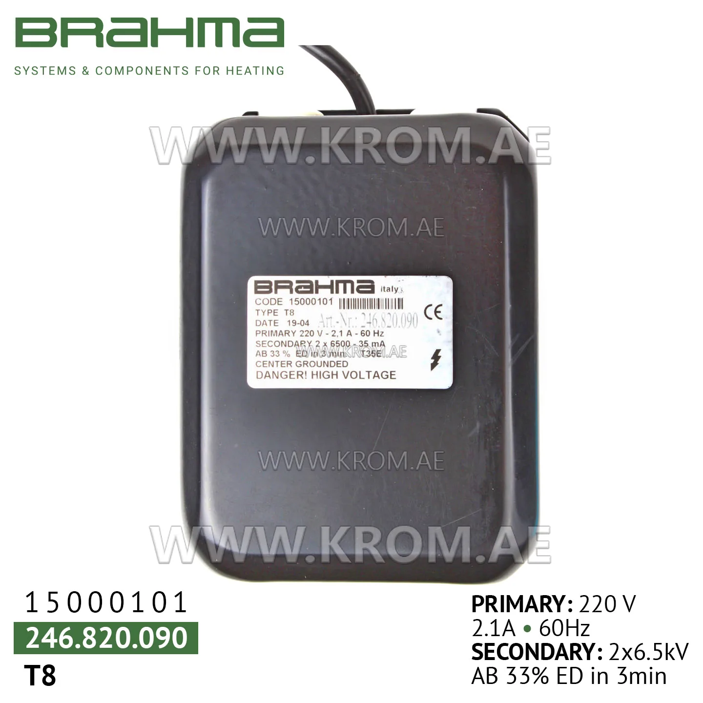 Brahma 15000101 T8 ignition transformer