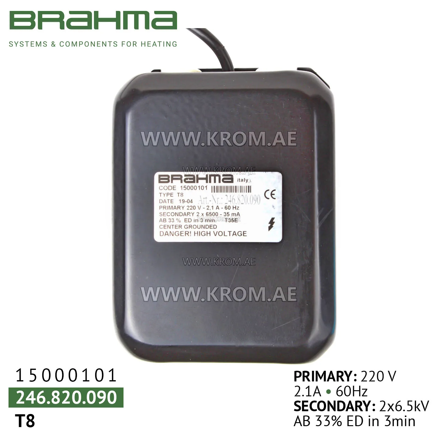 Brahma 15000101 T8 ignition transformer