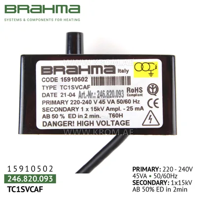 Brahma 15910502 TC1SVCAF ignition transformer