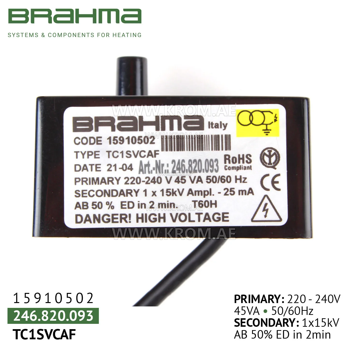 Brahma 15910502 TC1SVCAF ignition transformer