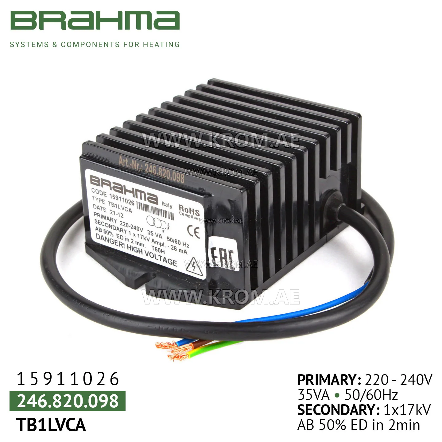 Brahma 15911026 TB1LVCA ignition transformer