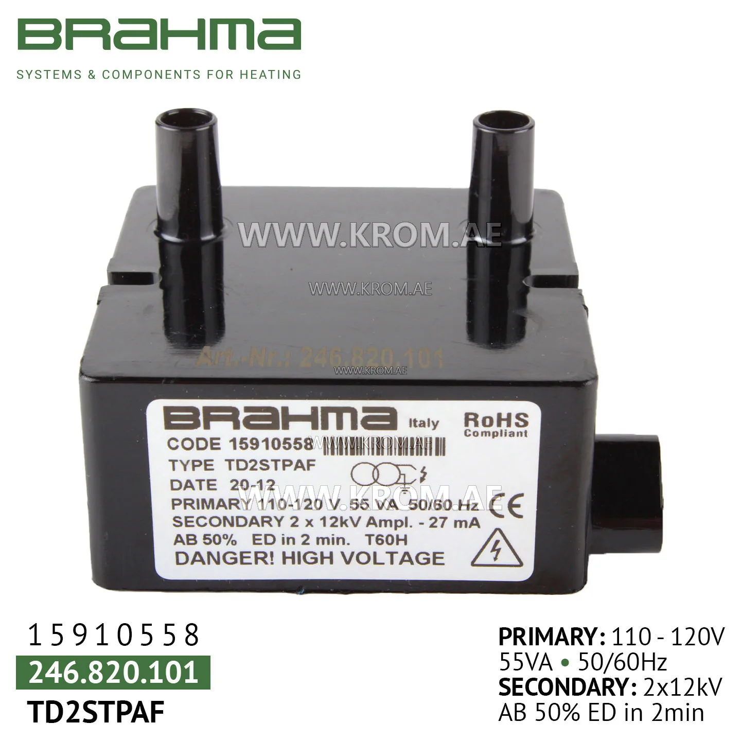 Brahma 15910558 TD2STPAF ignition transformer