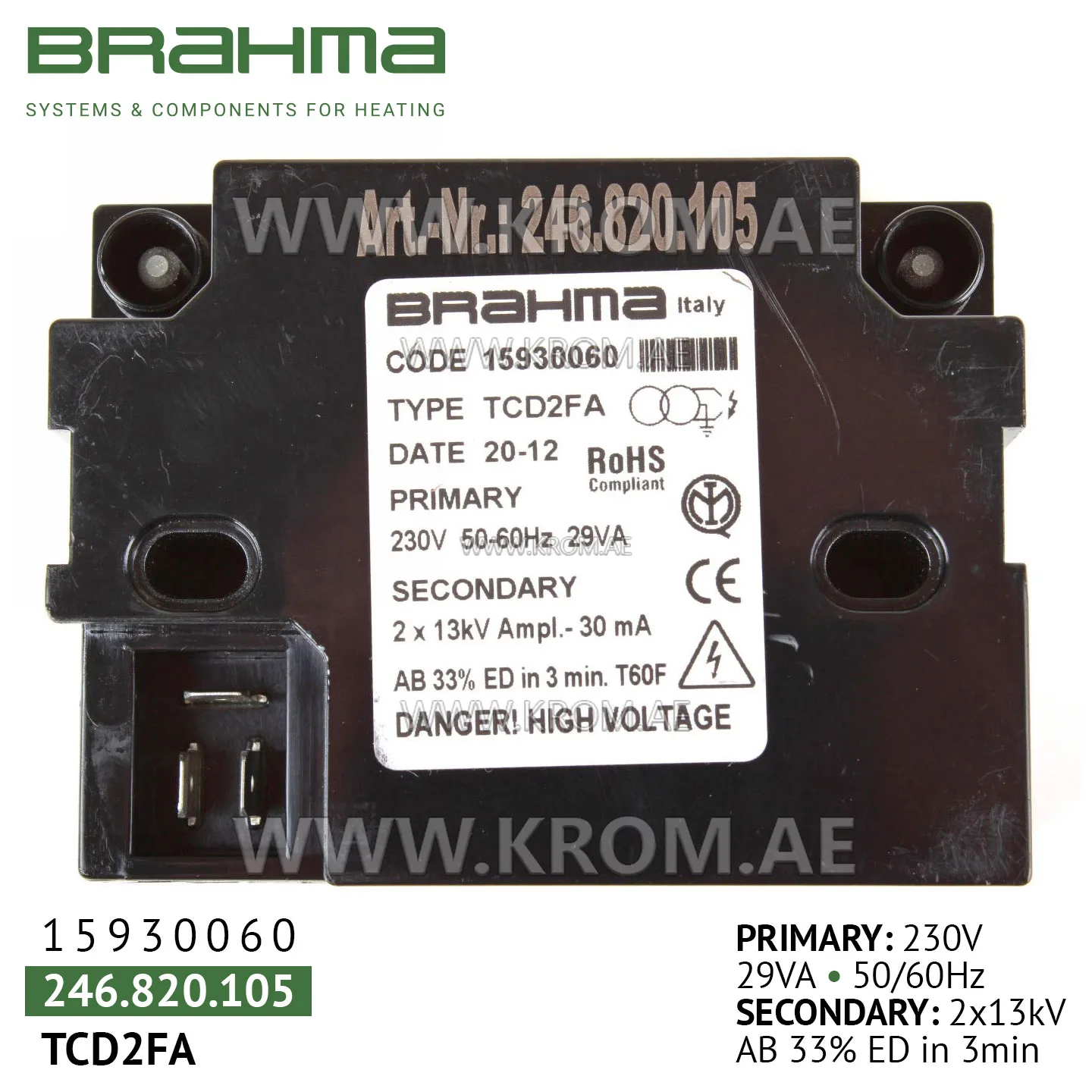 Brahma 15930060 TCD2FA ignition transformer