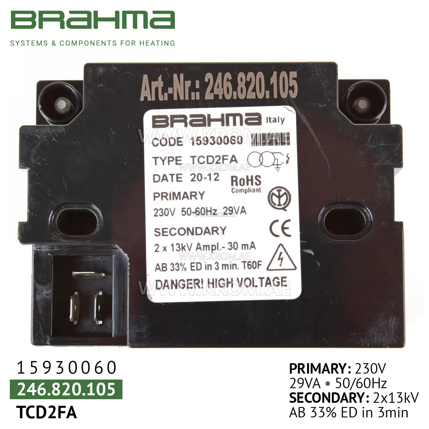 Brahma 15930060 TCD2FA ignition transformer