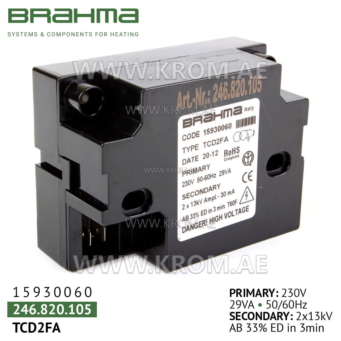Brahma 15930060 TCD2FA ignition transformer