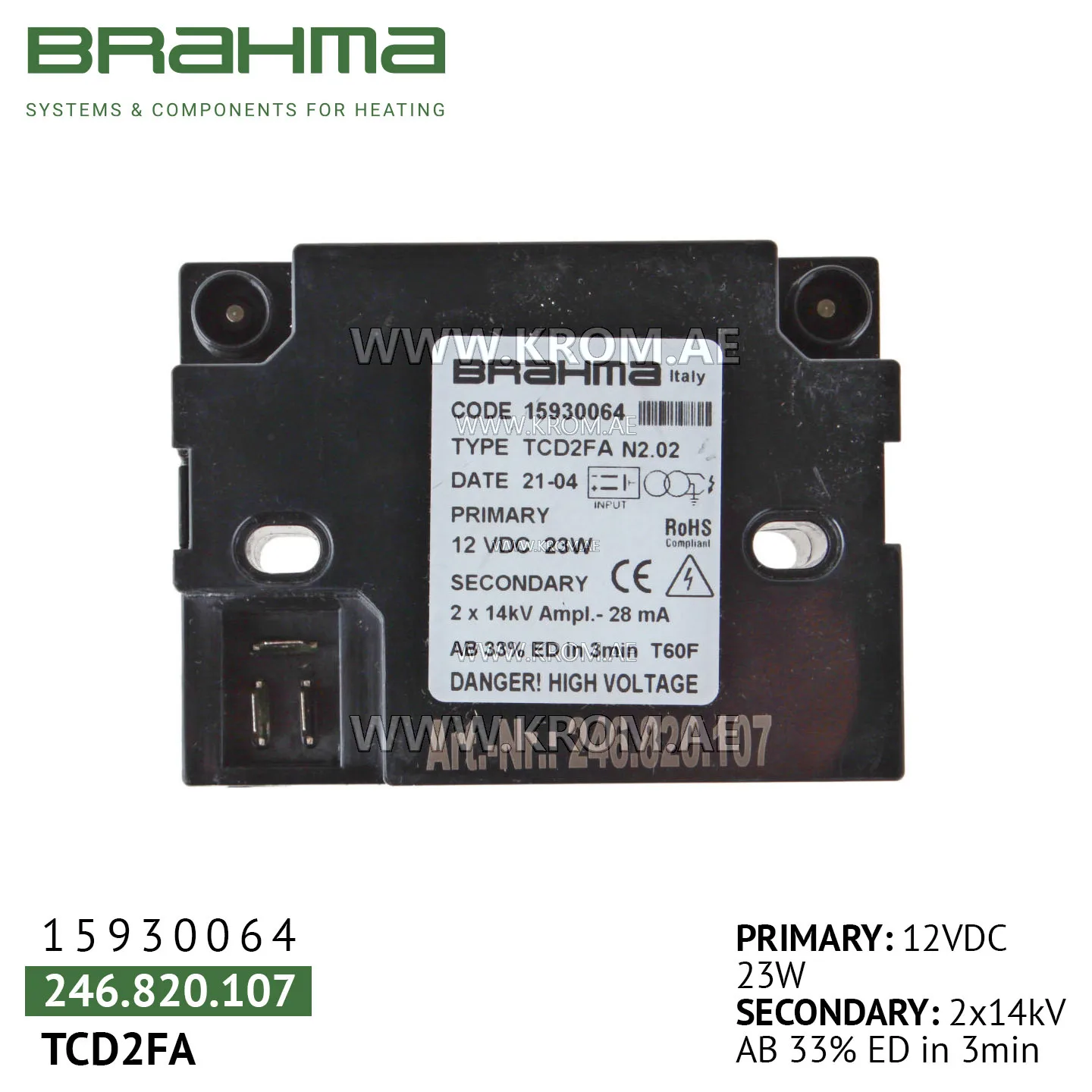 Brahma 15930064 TCD2FA ignition transformer