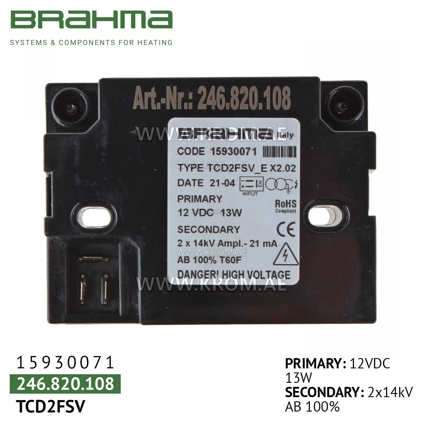 Brahma 15930071 TCD2FSV ignition transformer
