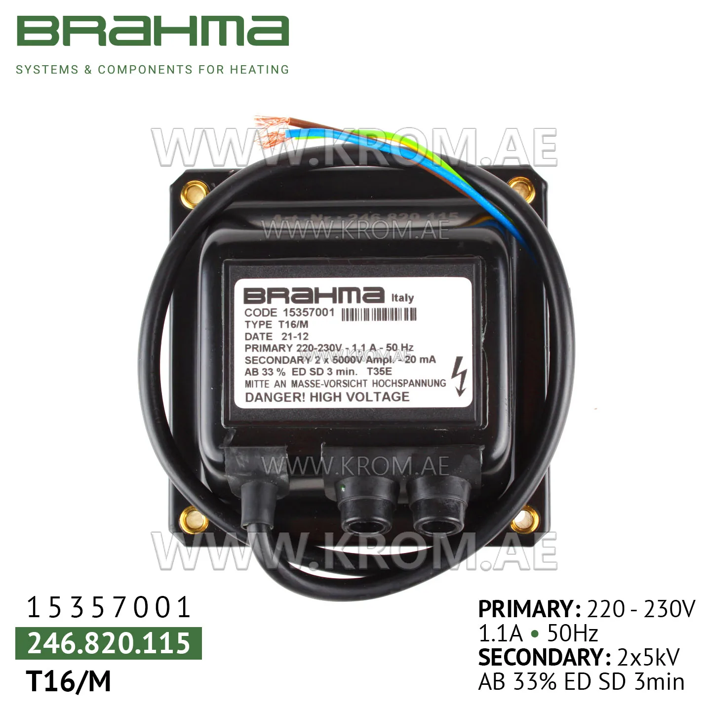Brahma 15357001 T16/M ignition transformer