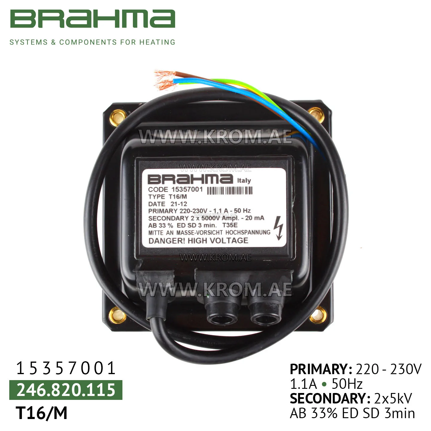 Brahma 15357001 T16/M ignition transformer