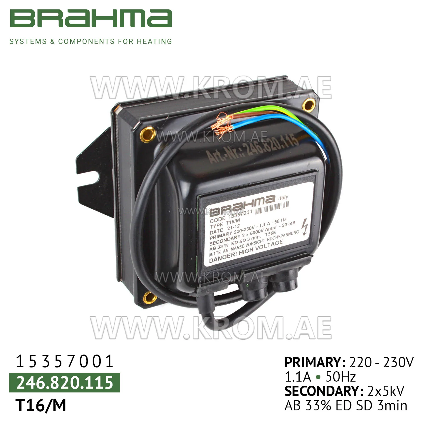Brahma 15357001 T16/M ignition transformer