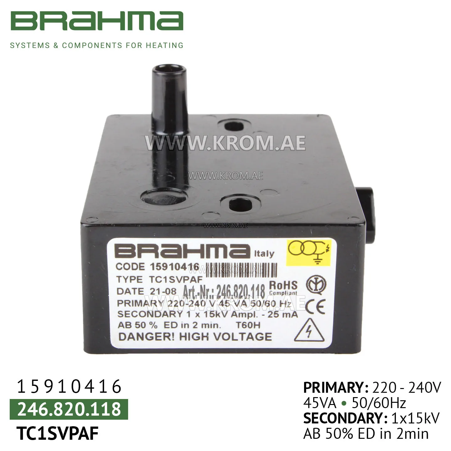 Brahma 15910416 TC1SVPAF ignition transformer