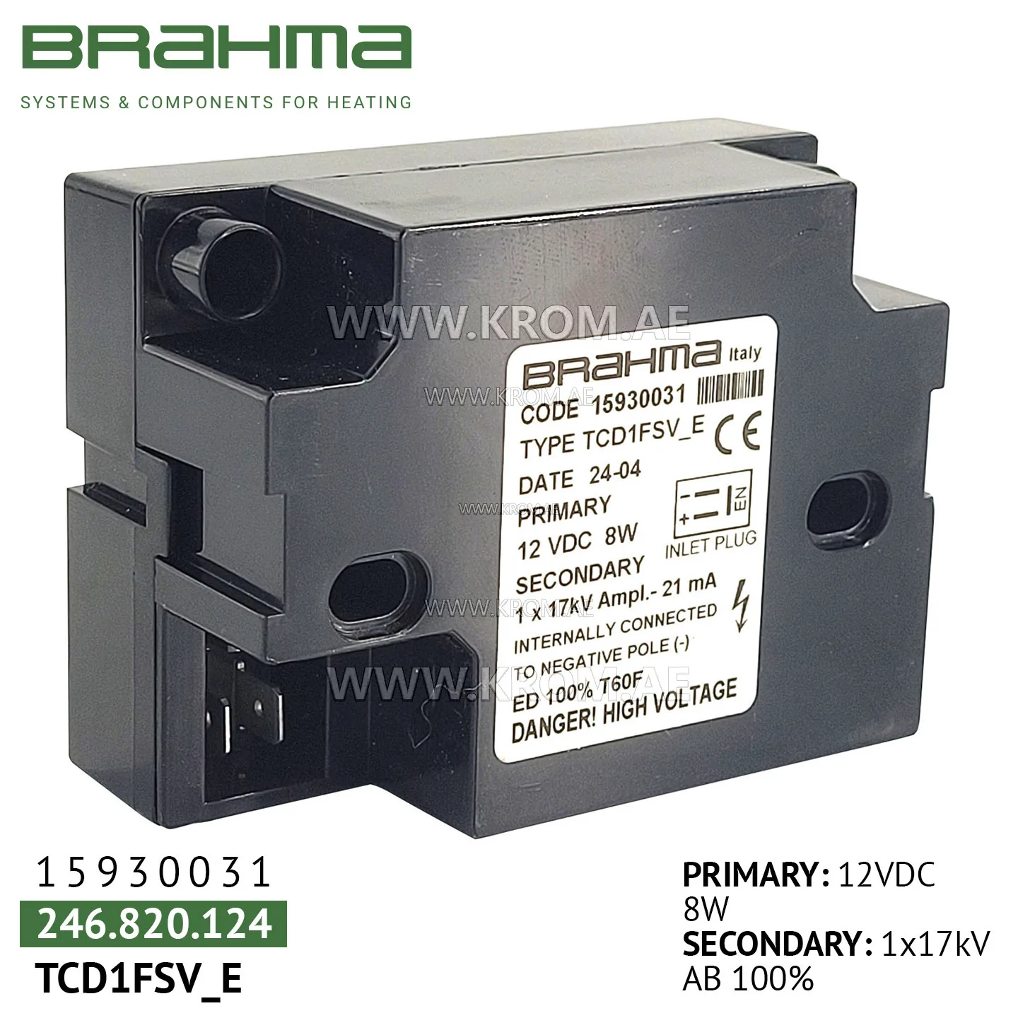 Brahma 15930031 TCD1FSV ignition transformer