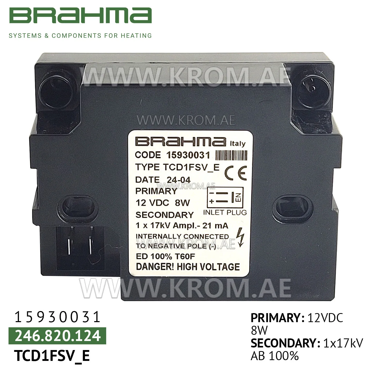 Brahma 15930031 TCD1FSV ignition transformer