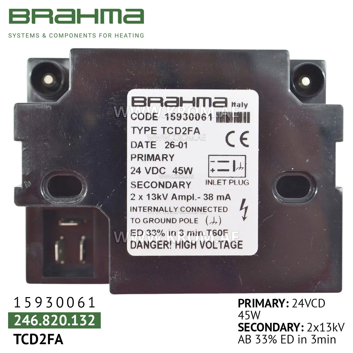 Brahma 15930061 TCD2FA ignition transformer