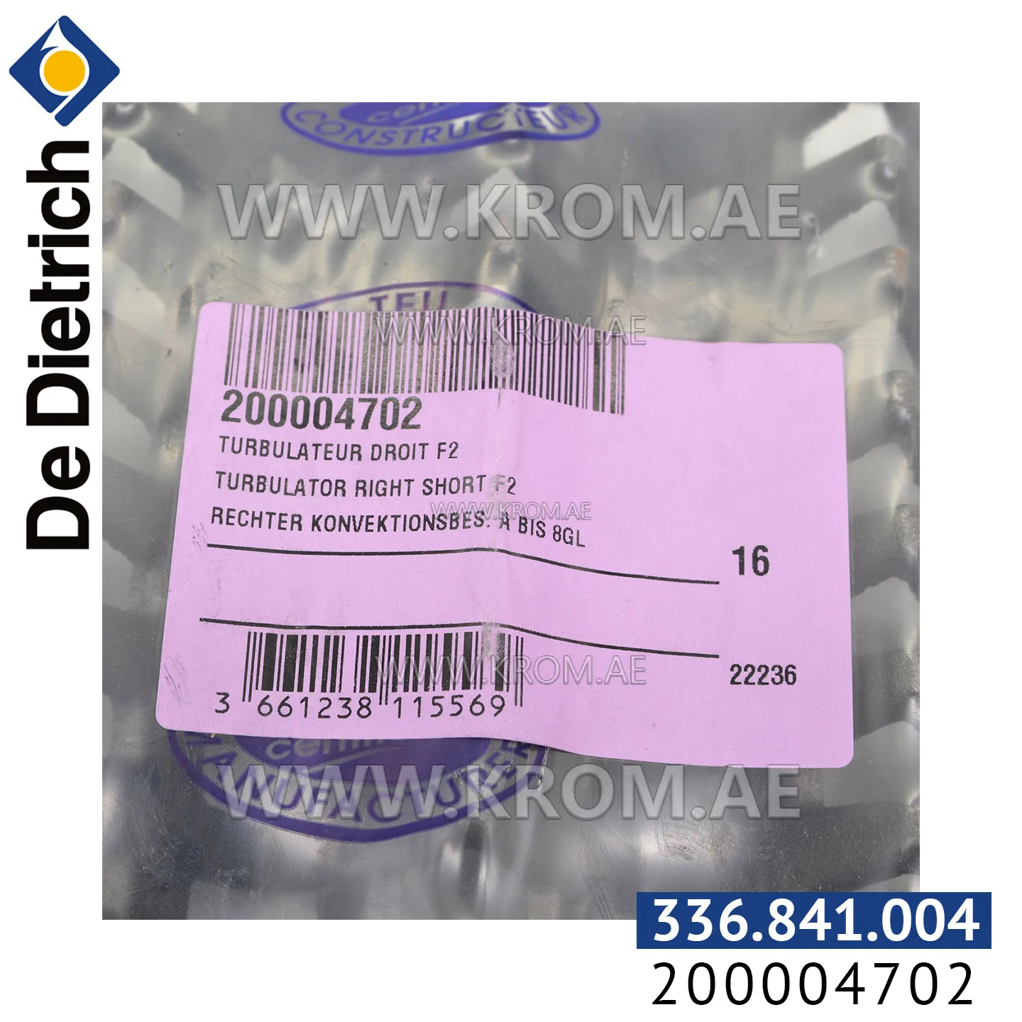 De Dietrich 200004702 right short turbulator F2